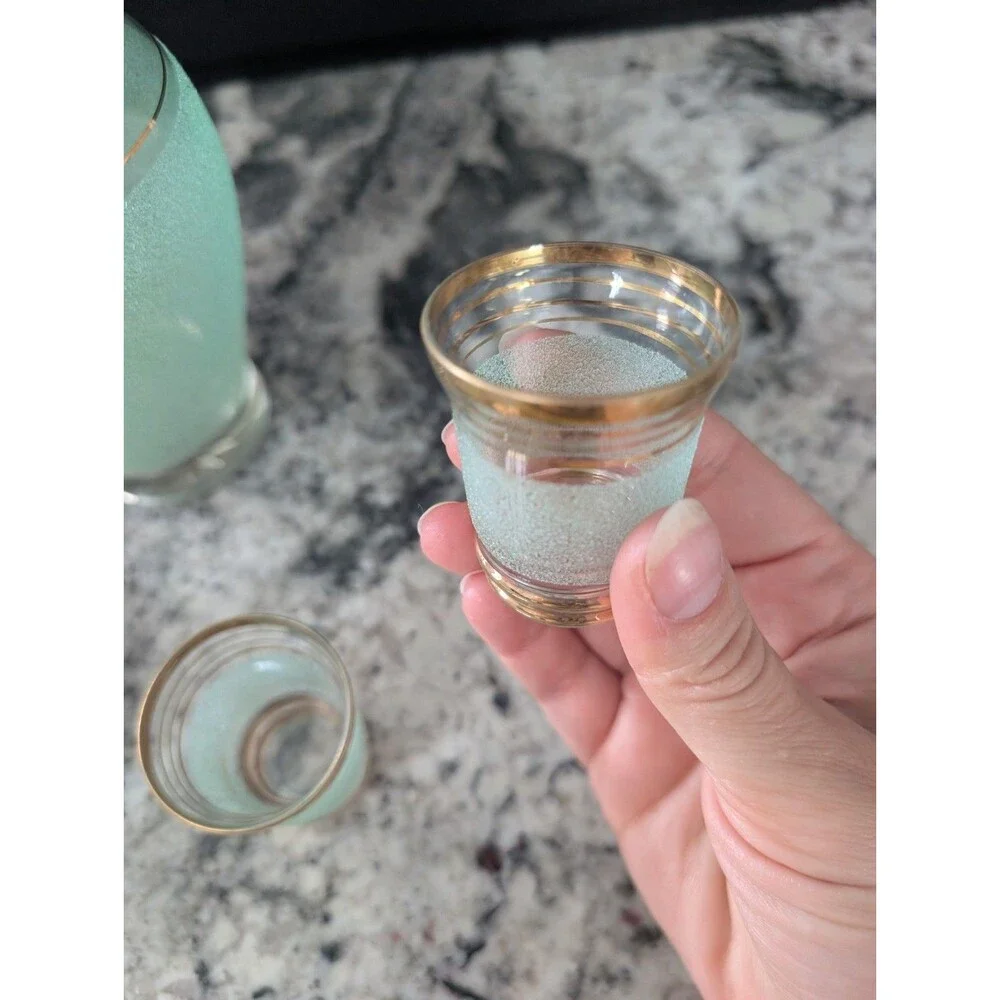 Vintage USSR Red Giant Green Sand Decanter 4 Shot Glasses Soviet Glass Set